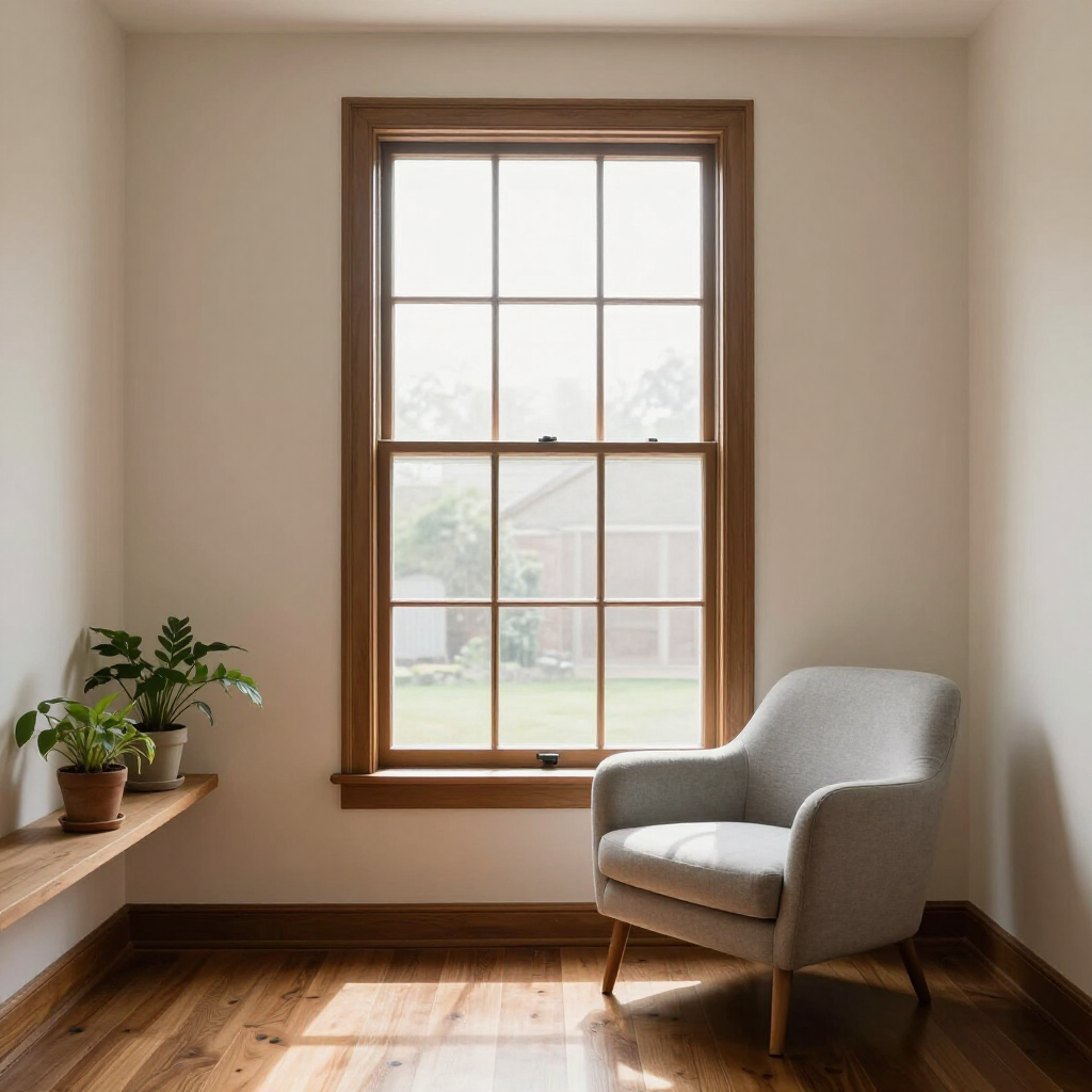 Cozy sunlit room with a gray armchair, potted plants, and a wooden window frame