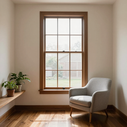 Cozy beige room with a window, light gray armchair, and potted plants on a wooden ledge