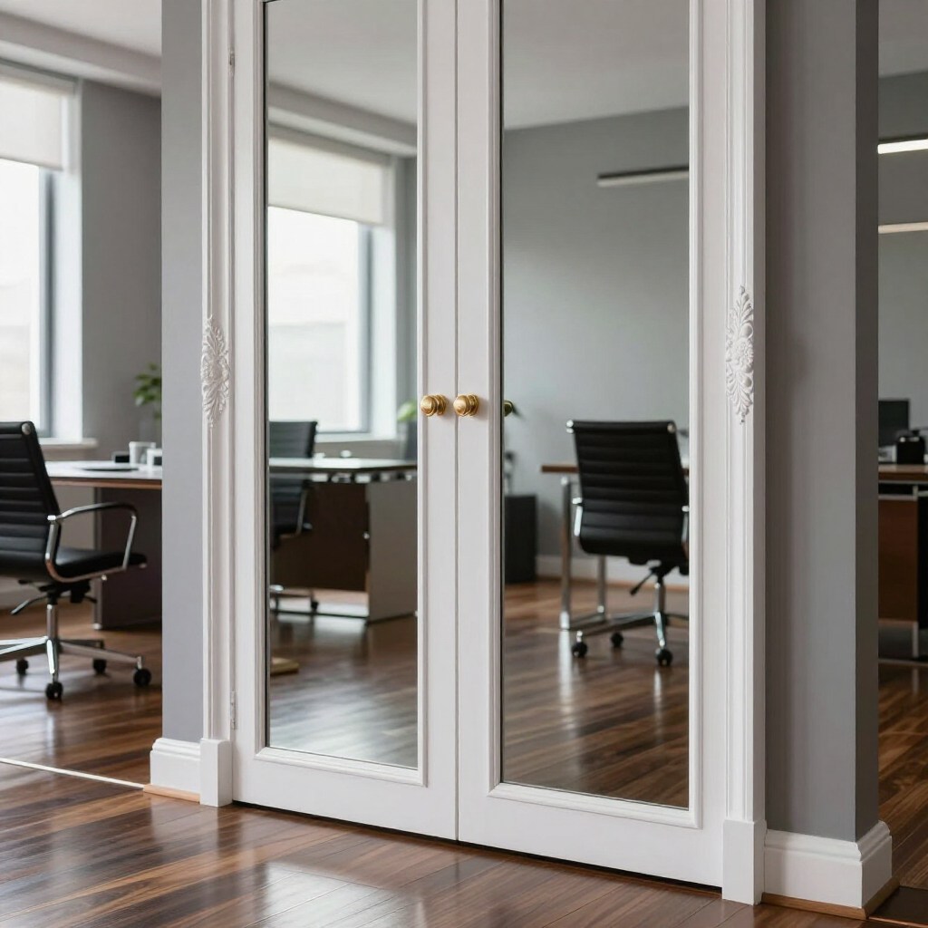 Modern office with glass double doors, desks, and black chairs on hardwood floors.