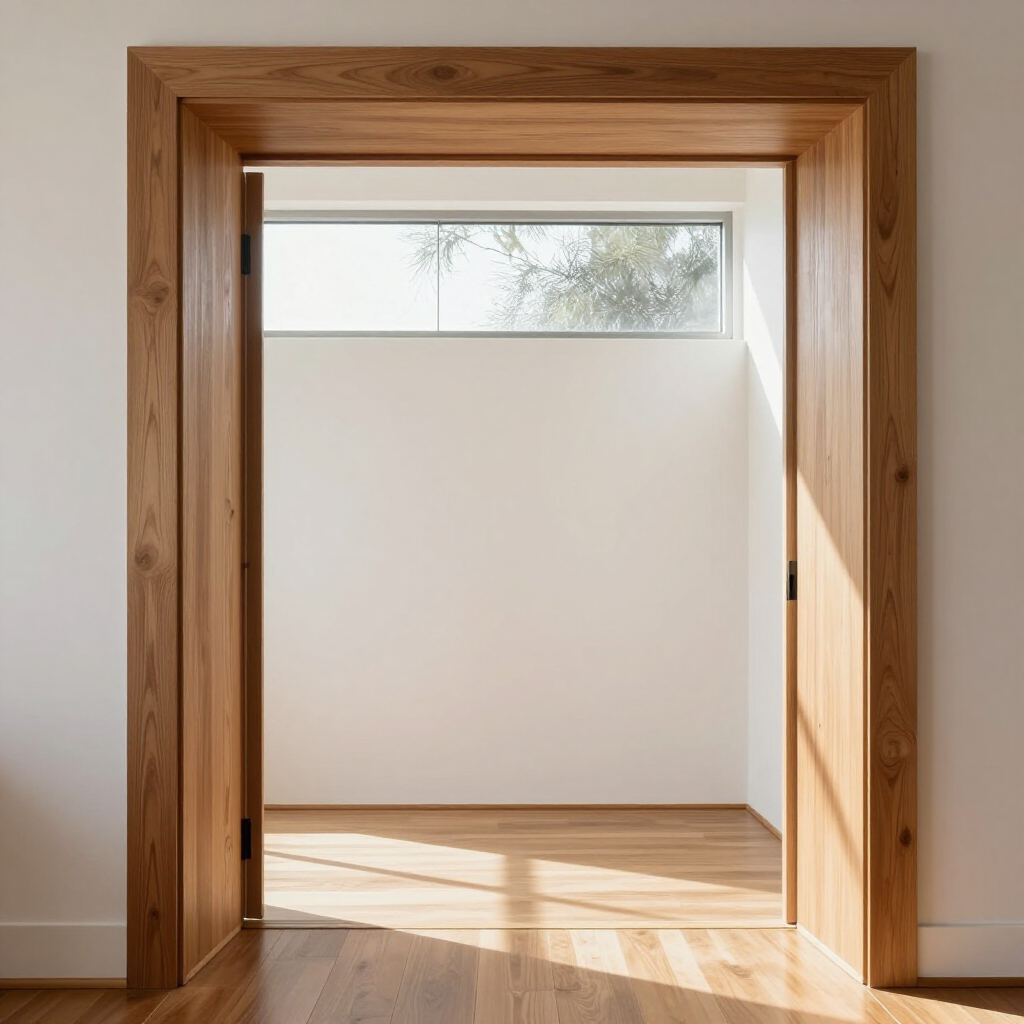 Wood-framed doorway opening into a bright empty room with sunlight on the wooden floor