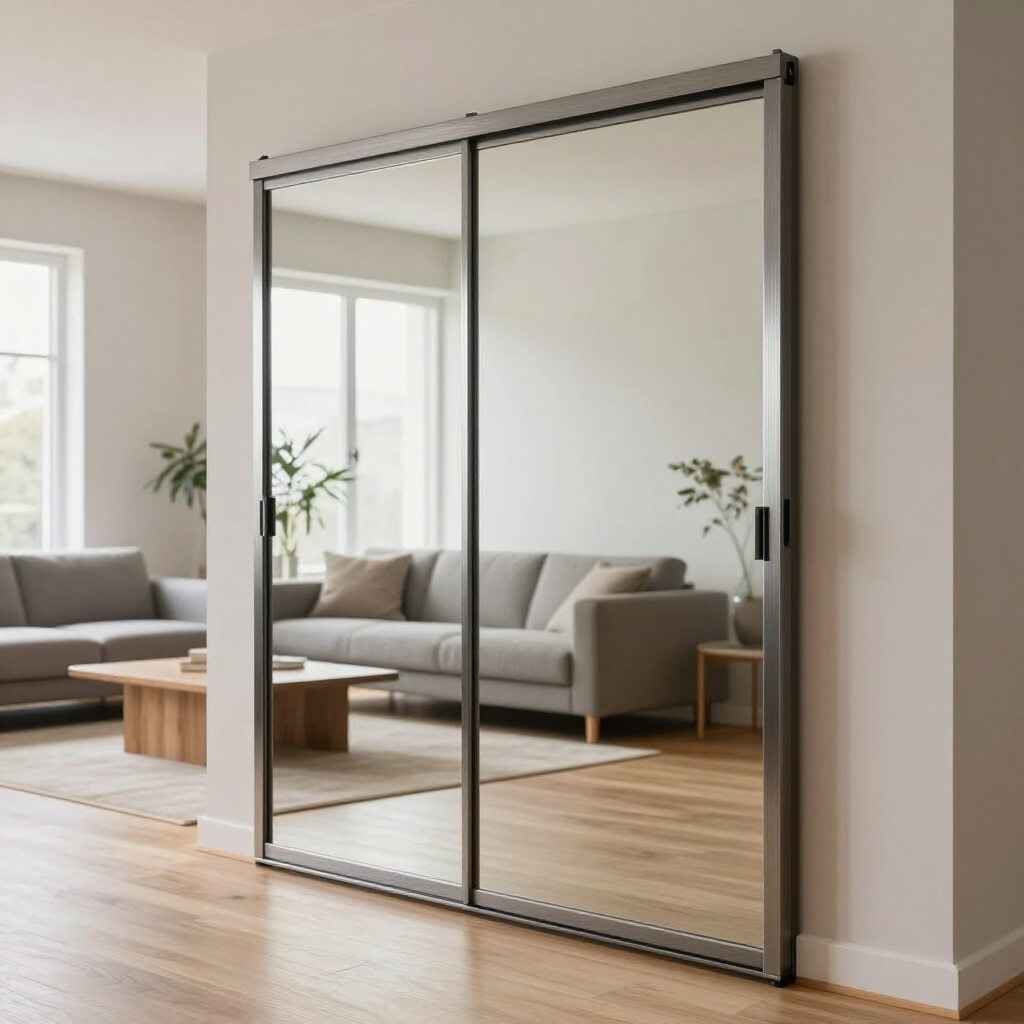 Sliding mirrored closet doors in a bright modern living room with a sofa and coffee table.