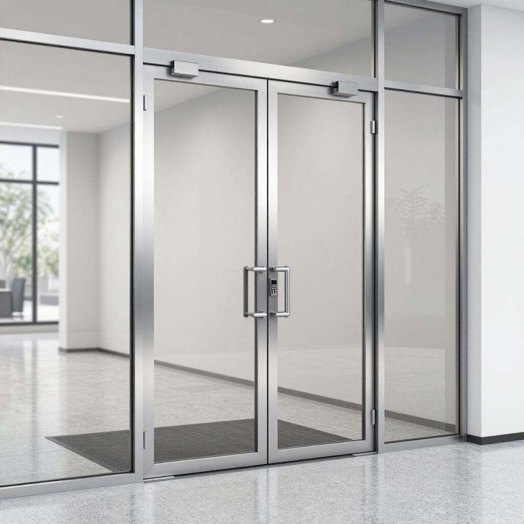 Glass office entrance with double doors and metal handles in a bright lobby