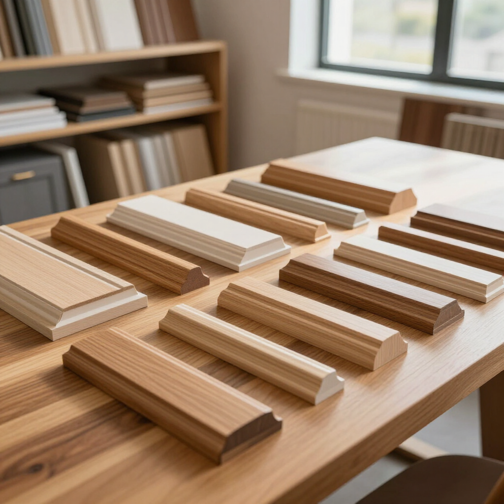 Wooden samples displayed on a table in a bright workshop or showroom