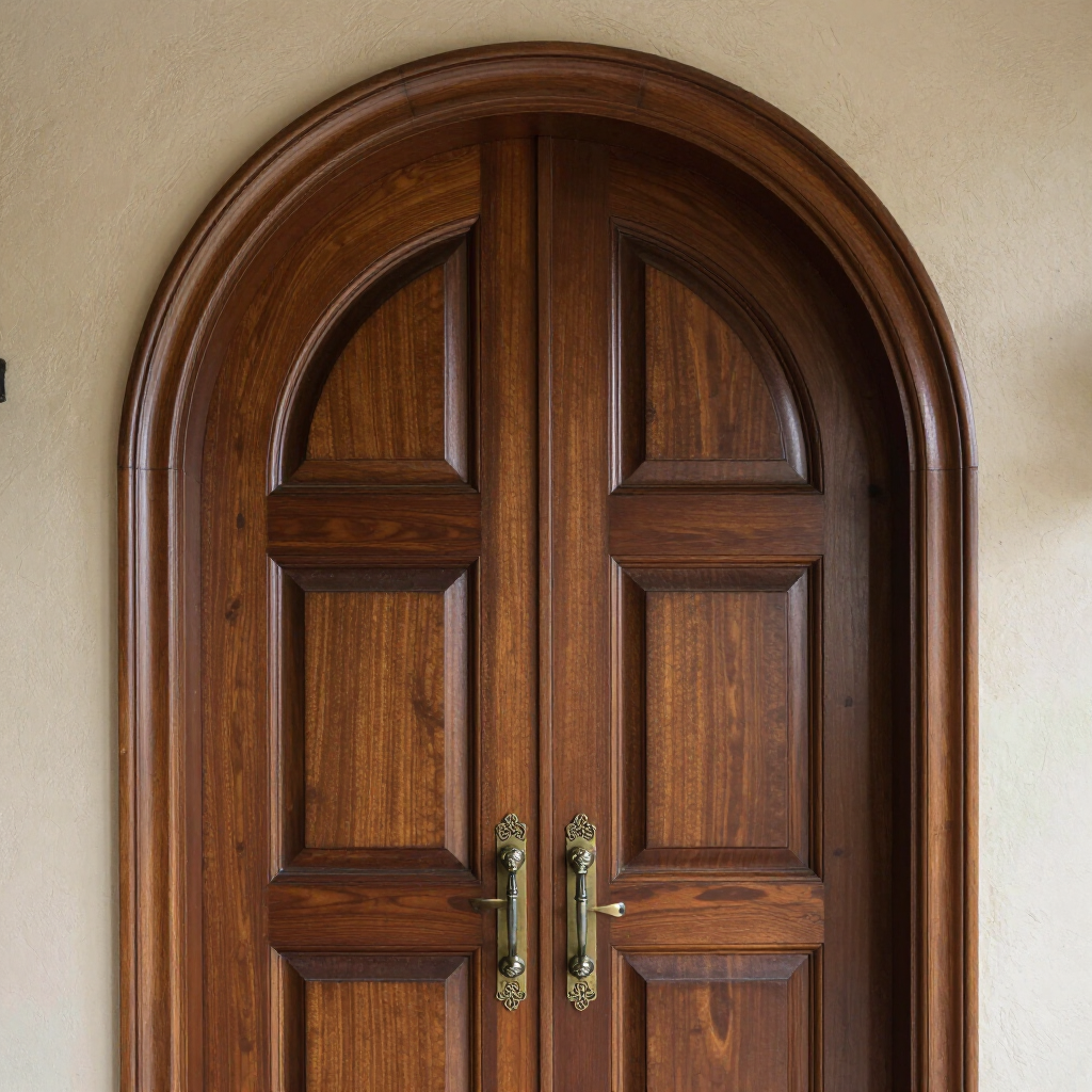 Arched double wooden door with brass handles in a beige wall
