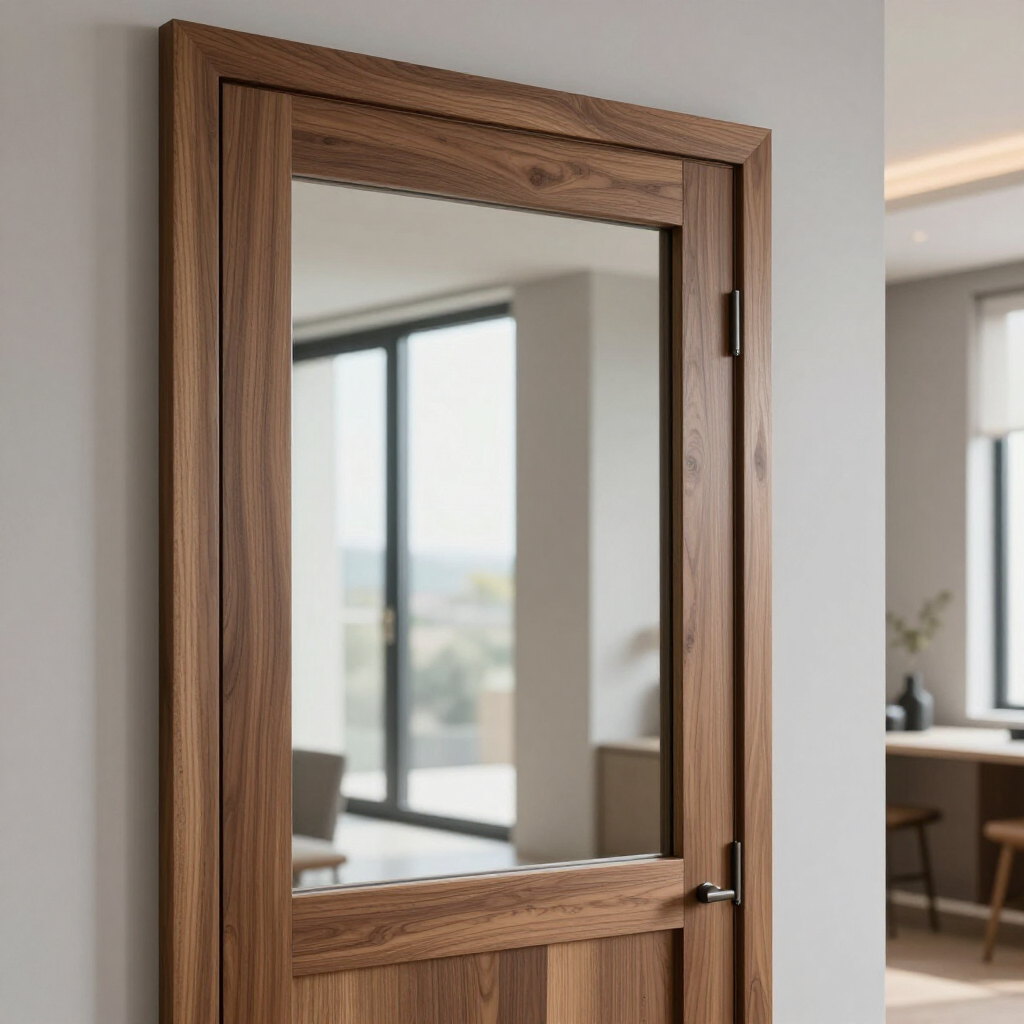 Wood-framed wall mirror reflecting a bright modern room with large windows