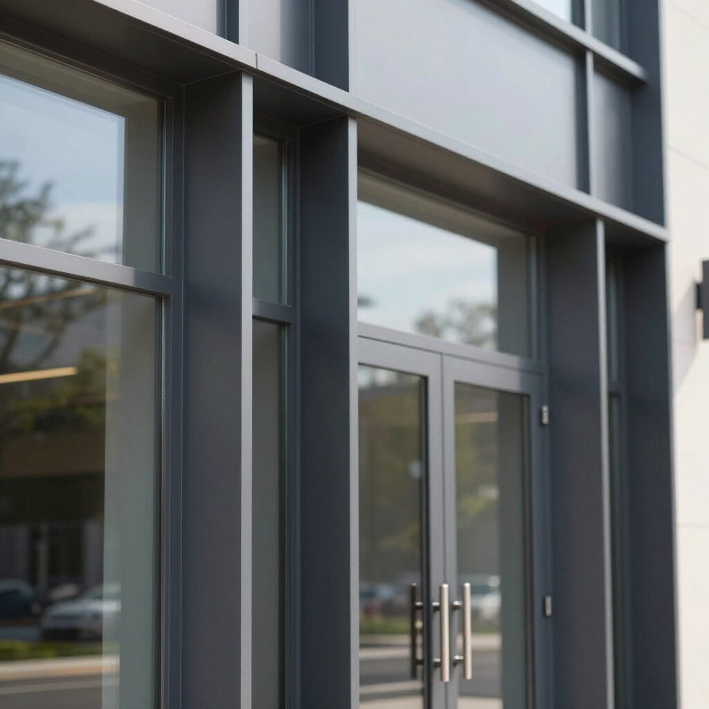 Modern glass storefront entrance with double doors and dark gray framing