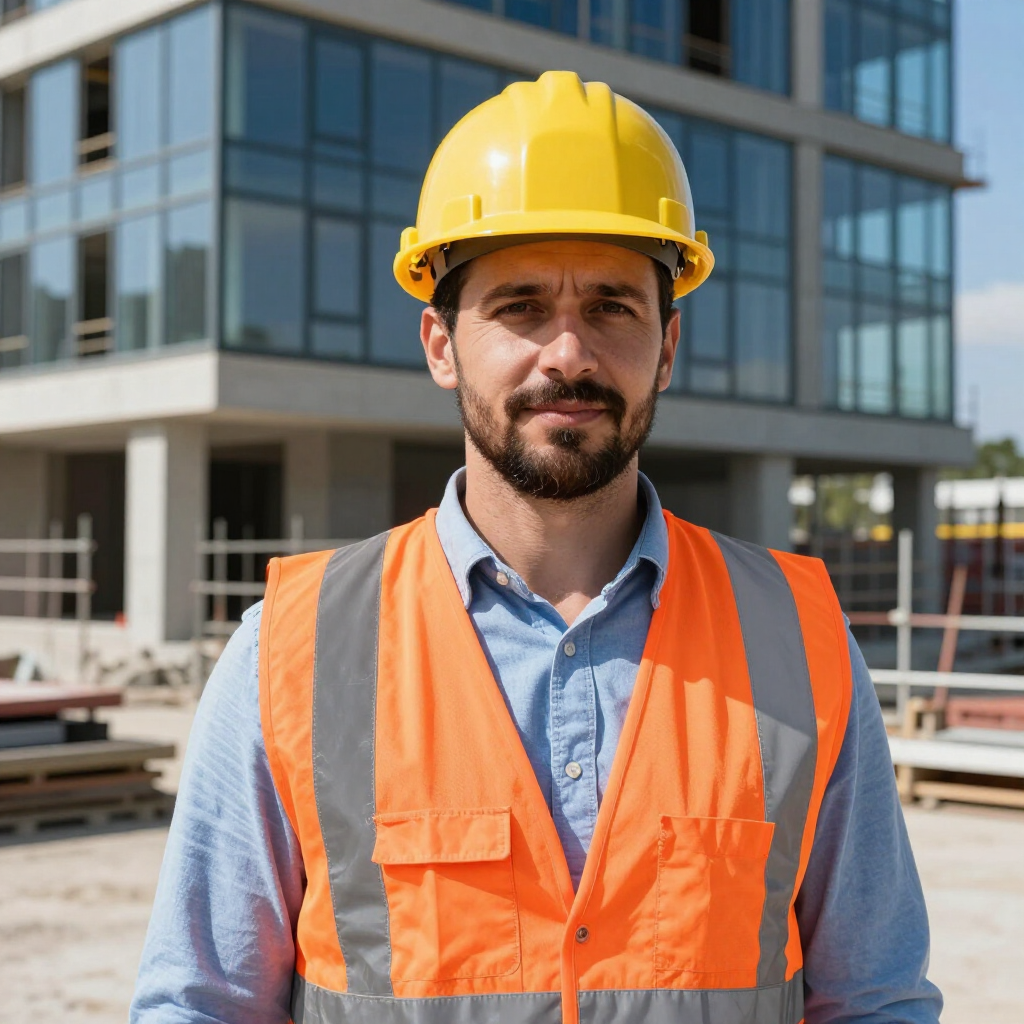 Construction worker in yellow hard hat and orange vest standing in front of a building site