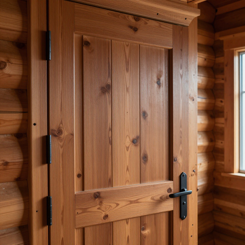Wooden cabin door with black handle and hinges beside a window inside a log interior