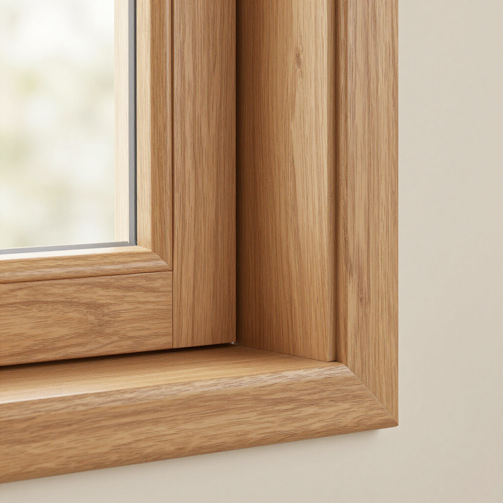 Close-up of a light oak wooden window frame with glass pane