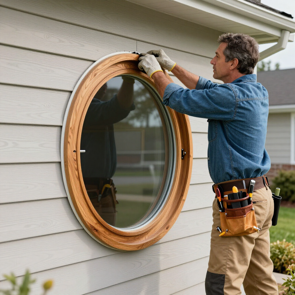 Worker installing a round wood-framed window on a house exterior