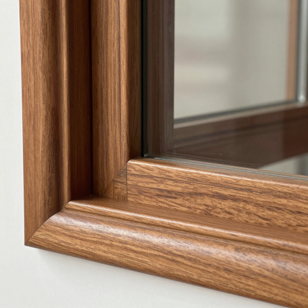 Close-up of a wooden window frame with glass pane and light gray wall background