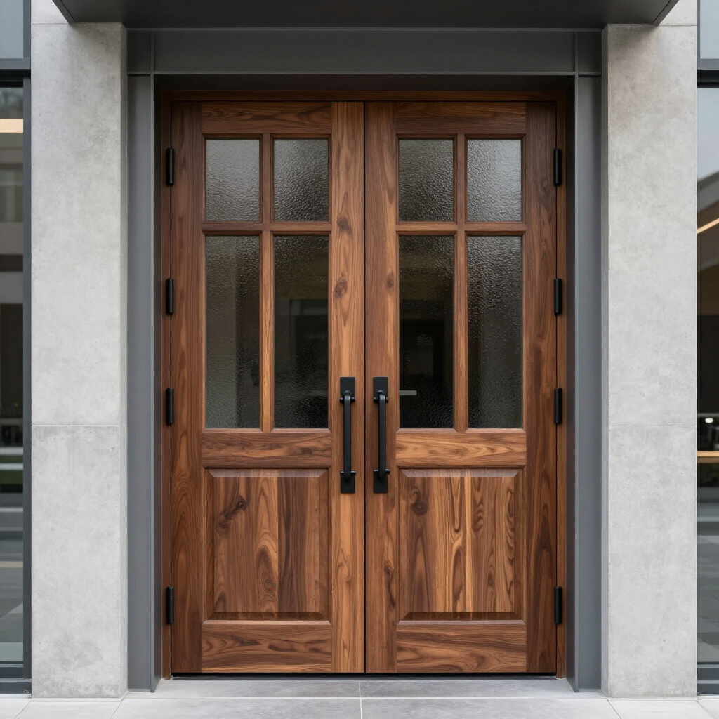 Wooden double front doors with glass panes set in a gray stone building facade