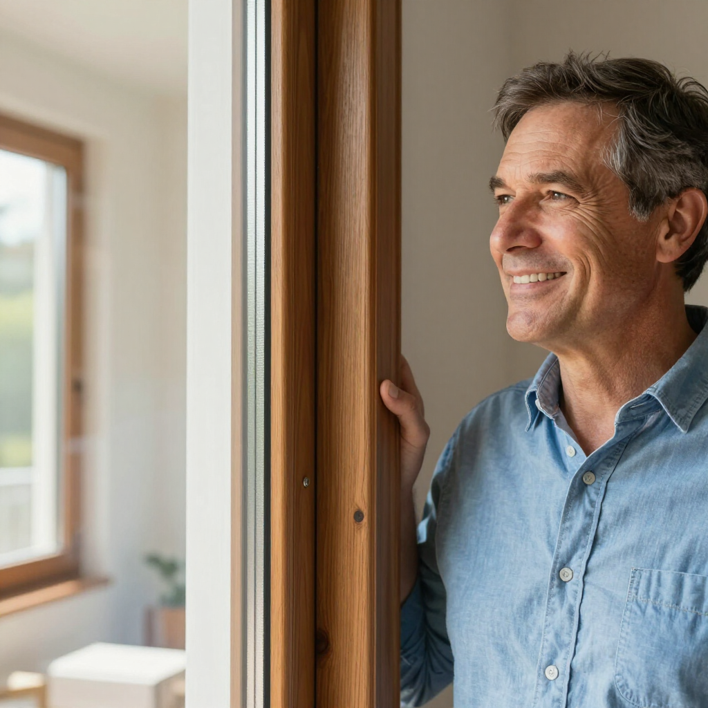 Smiling man in a blue shirt standing by a wooden doorway in a bright room