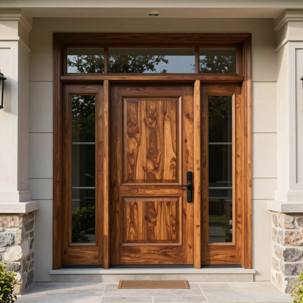 Wooden front door with sidelights and stone trim at a house entrance