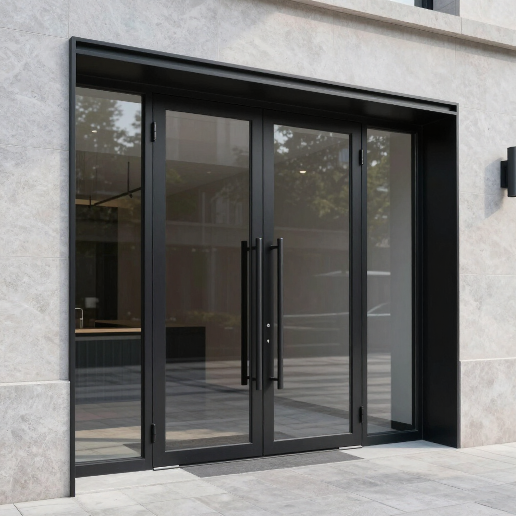 Modern black-framed glass double doors set in a light stone building facade.