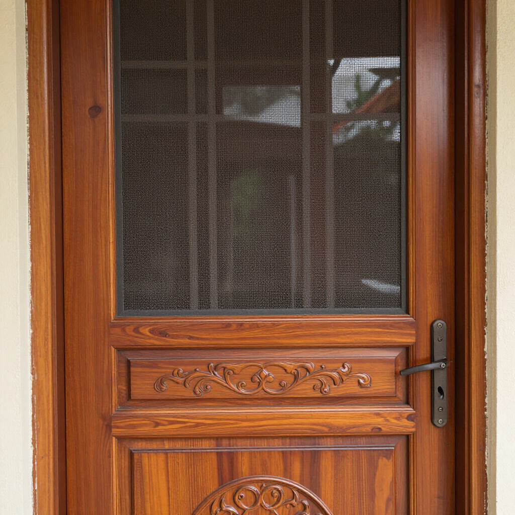 Wooden front door with glass pane, carved panel, and black handle.