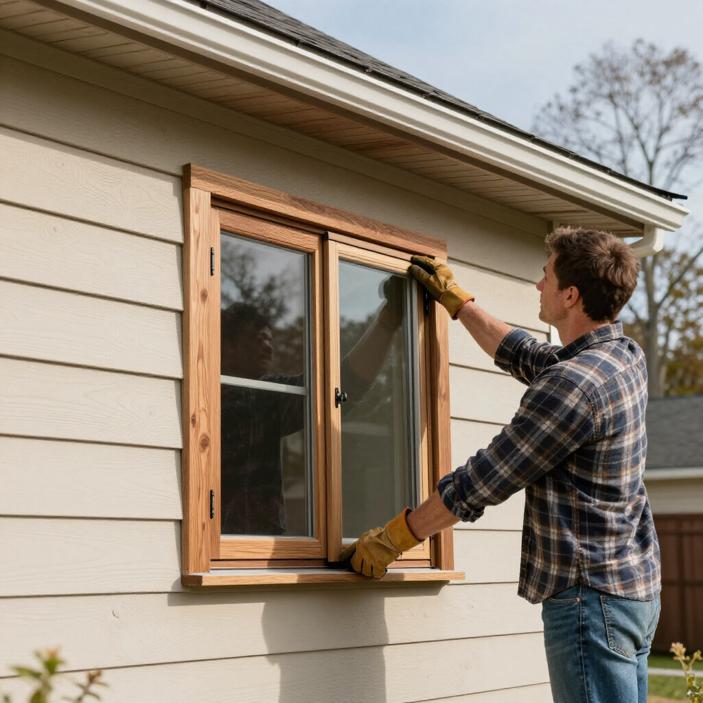 Person installing a wooden window frame on a house exterior
