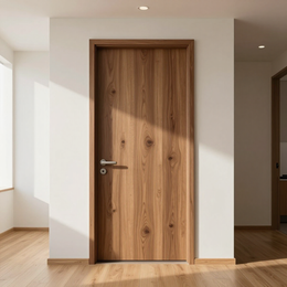 Wooden interior door in a bright hallway with light wood flooring and white walls