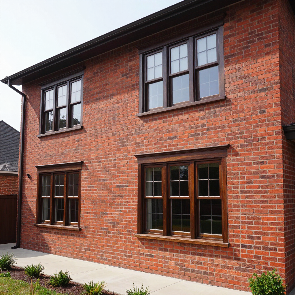 Red brick house facade with brown-framed windows and a small front garden