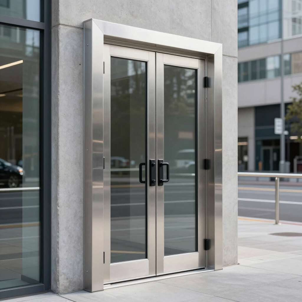 Silver double glass doors with black handles at a modern building entrance