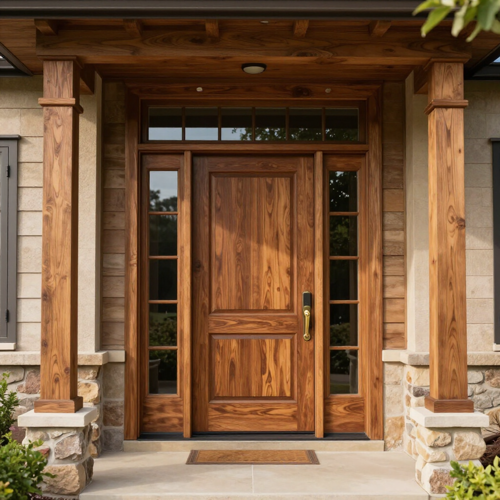 Wooden front door with stone columns and sidelights on a rustic home porch