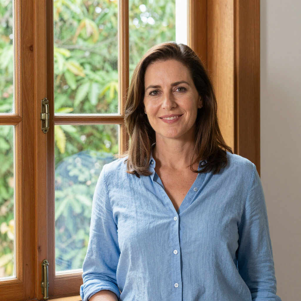 Woman standing by a sunlit window in a blue shirt, smiling gently.