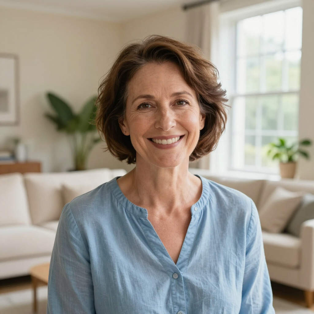 Smiling woman in a light blue blouse standing in a bright living room