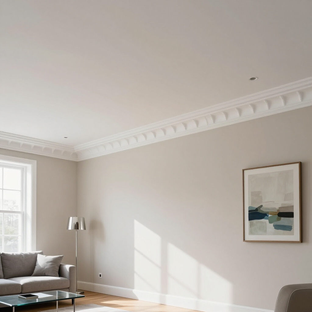 Bright minimalist living room with gray sofa, floor lamp, and framed abstract art on a beige wall.