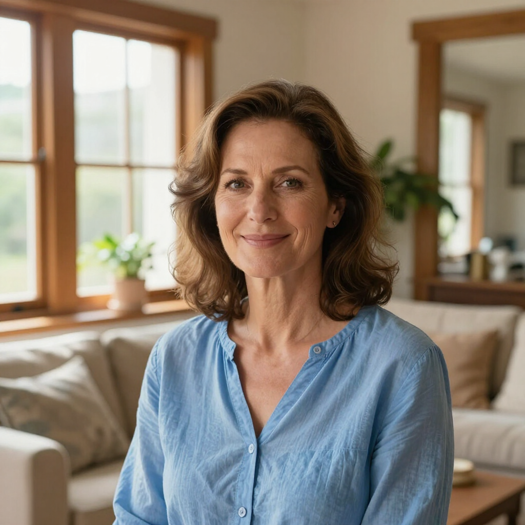Woman smiling on a beige couch in a bright living room, with windows and plants in the background