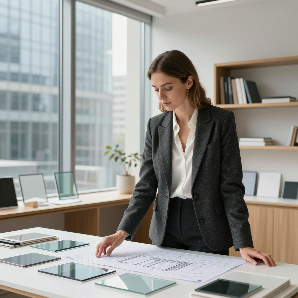 Professional in a gray suit reviewing documents on a desk in a bright office