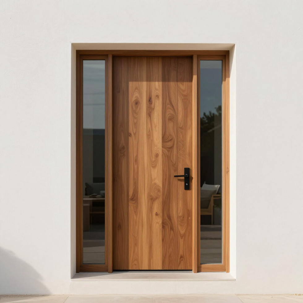 Wooden front door with narrow glass side panels in a white exterior wall