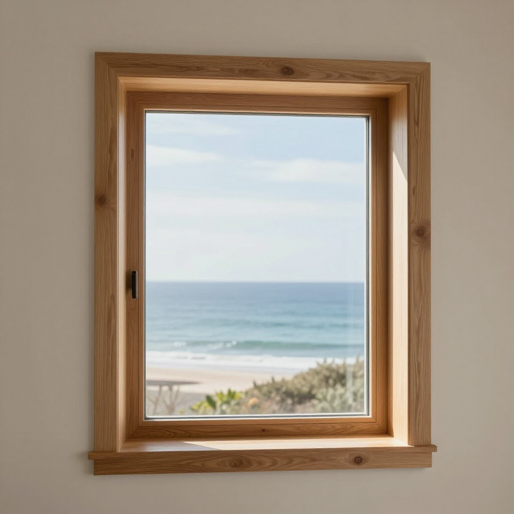 Wooden window frame overlooking a calm ocean and sandy beach beyond.