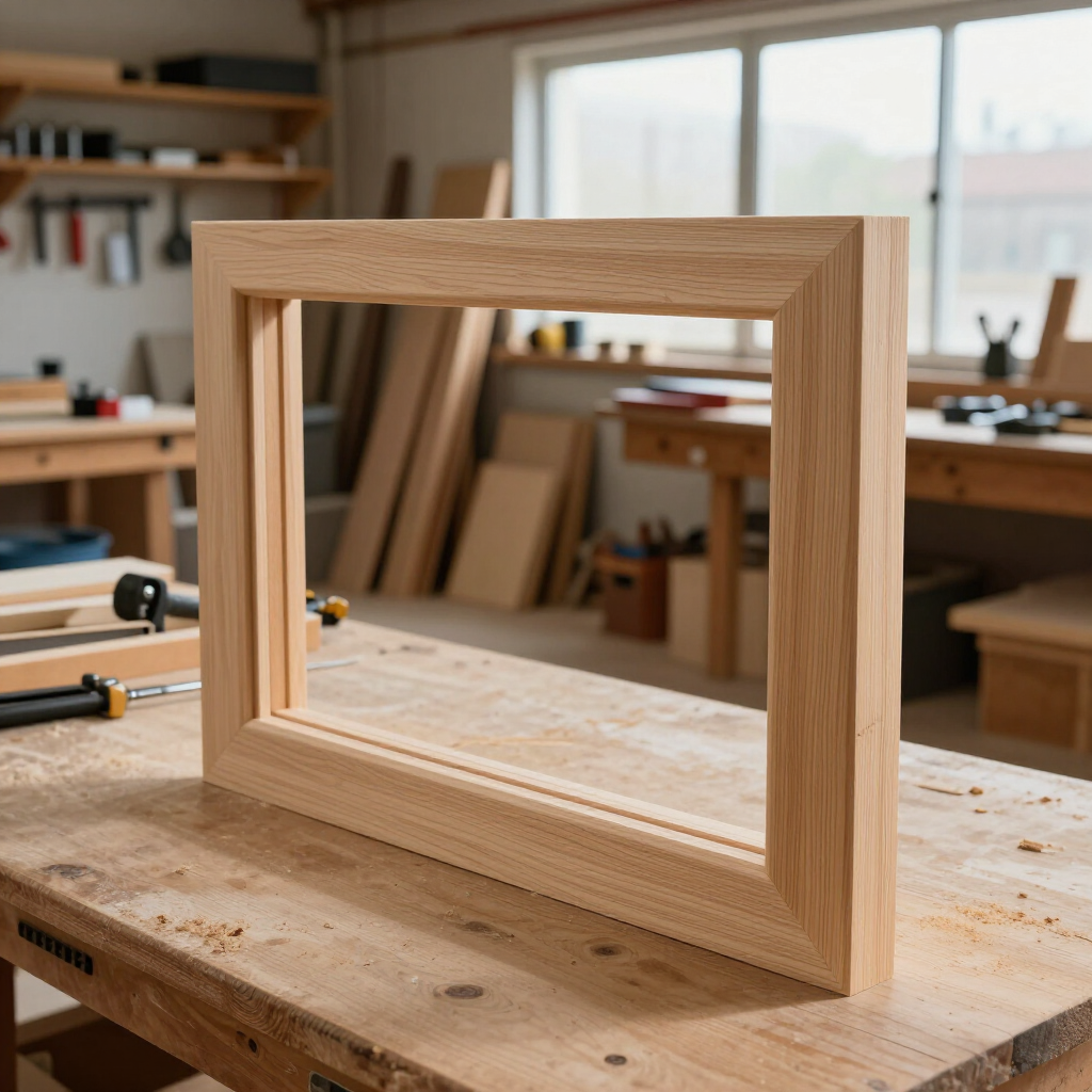 Unfinished wooden picture frame on a workbench in a woodworking shop