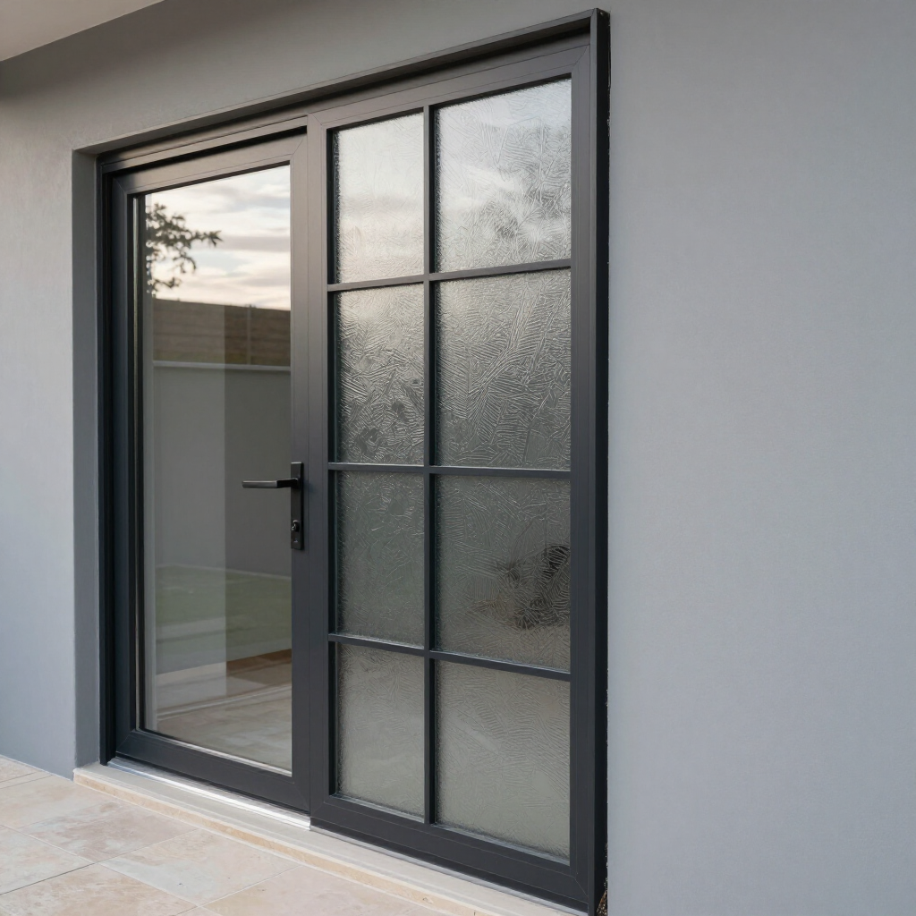 Black-framed frosted glass sliding door set in a gray wall with a glass side panel
