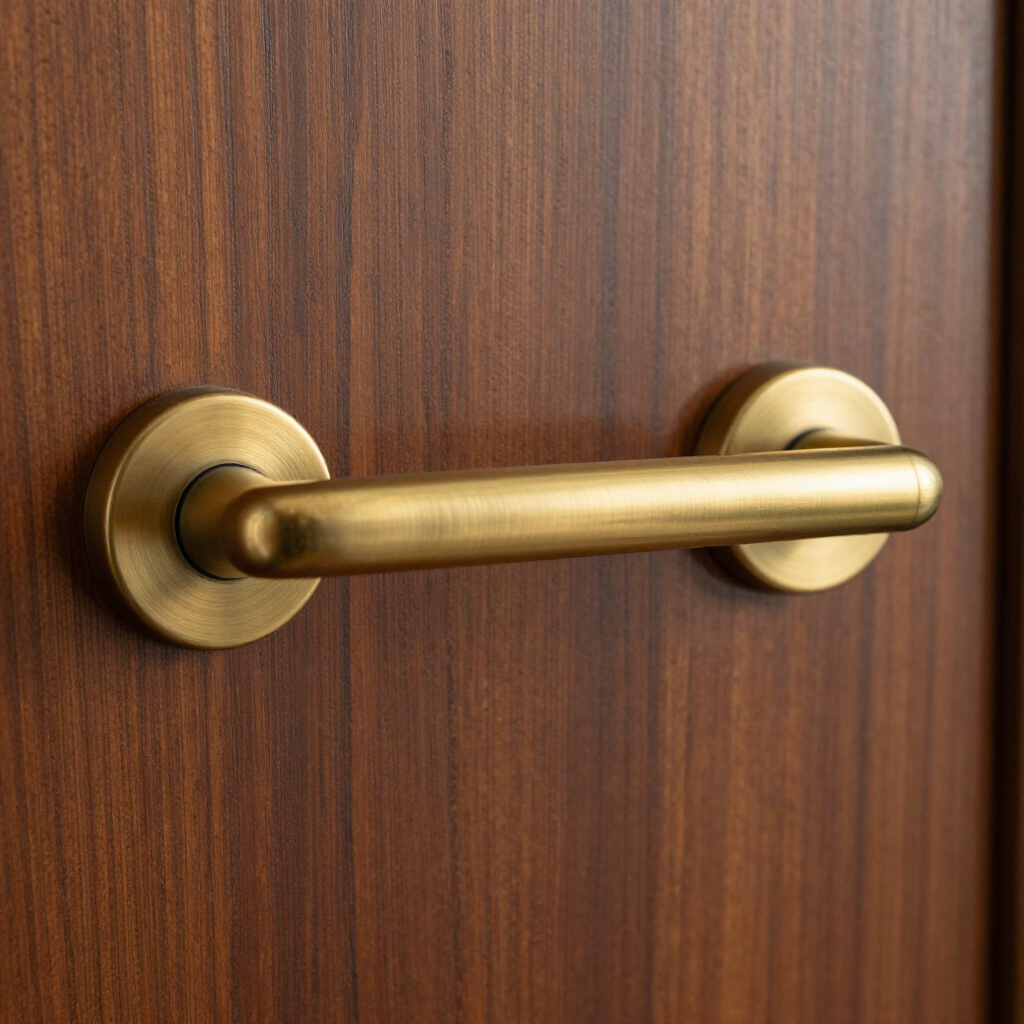 Brass door handle on a wooden door