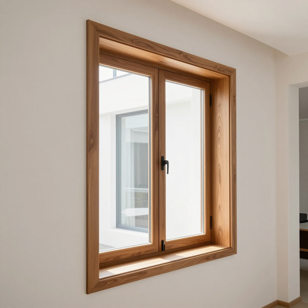 Wood-framed interior window opening onto a bright exterior view