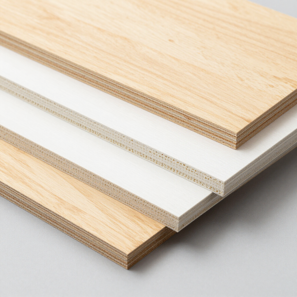 Stack of light wood veneer sheets with white layered panels on a gray background