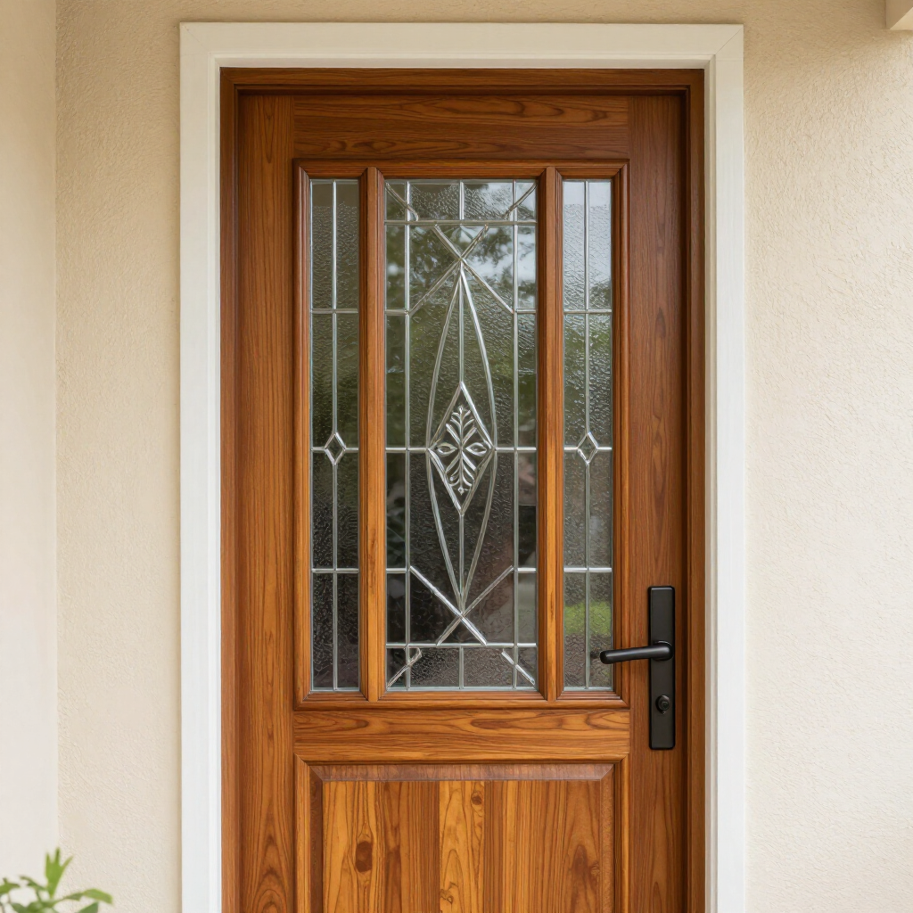 Wooden front door with frosted glass panels and a black handle in a stucco wall