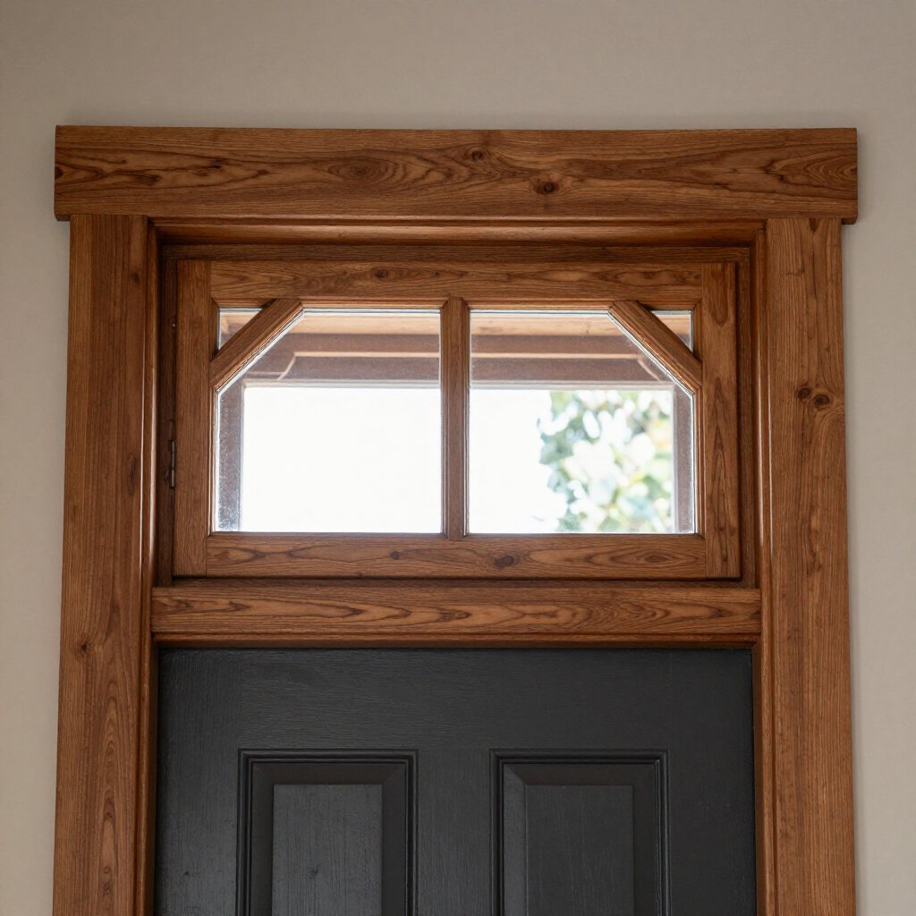 Wooden-trimmed window above a dark front door with decorative mullions