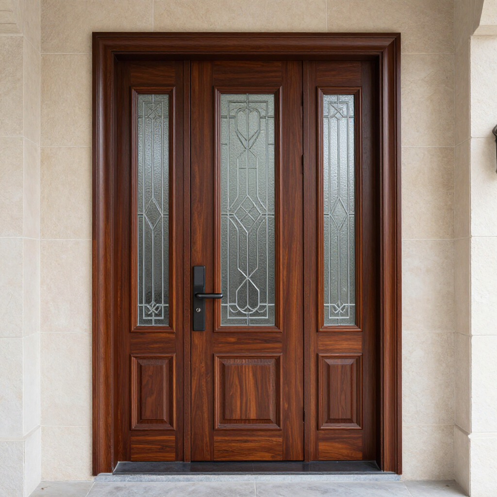 Wooden front door with frosted glass side panels in a stone entryway