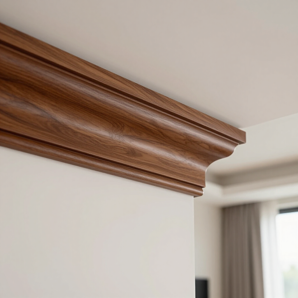 Wooden crown molding with a decorative corner detail above a white wall and window