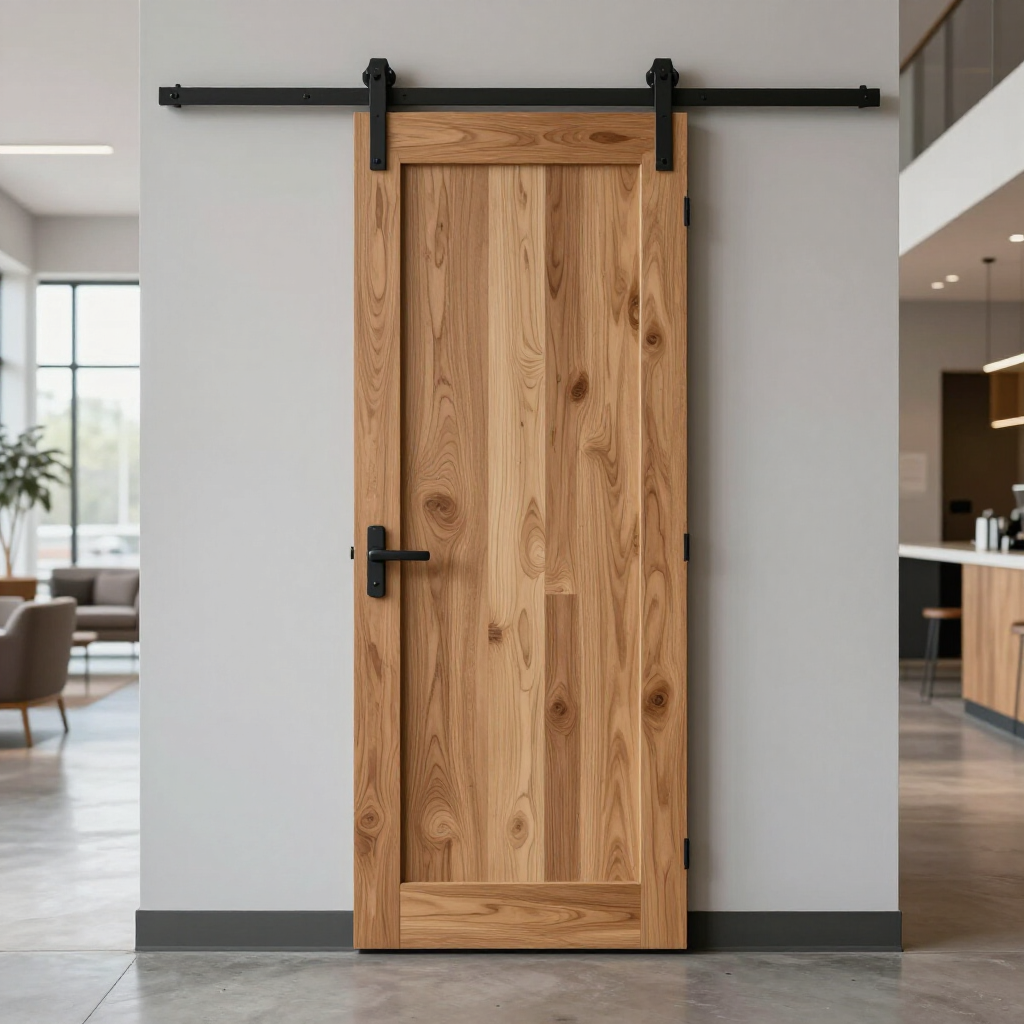 Wooden barn-style sliding door with black hardware in a modern interior room