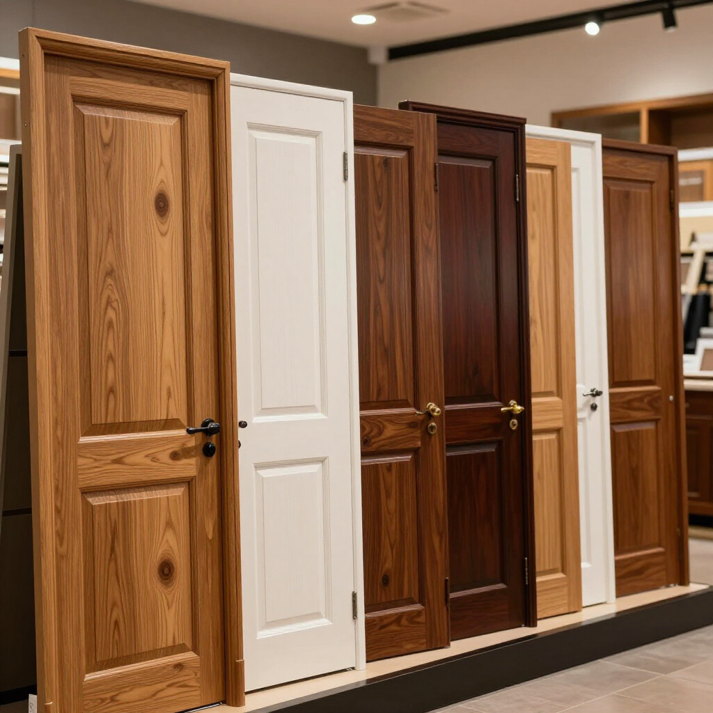 Display of assorted interior doors in wood, white, and dark finishes in a showroom