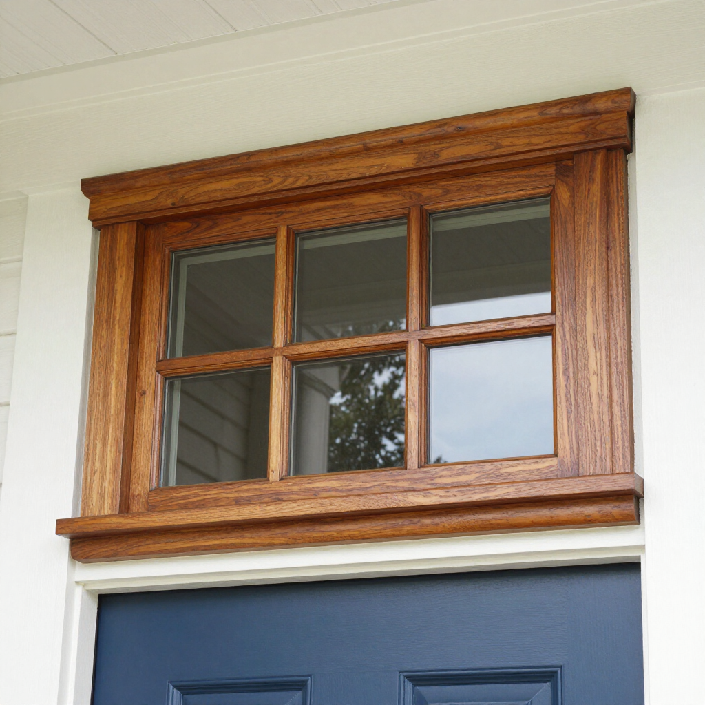 Wood-framed window above a blue door on a white exterior wall