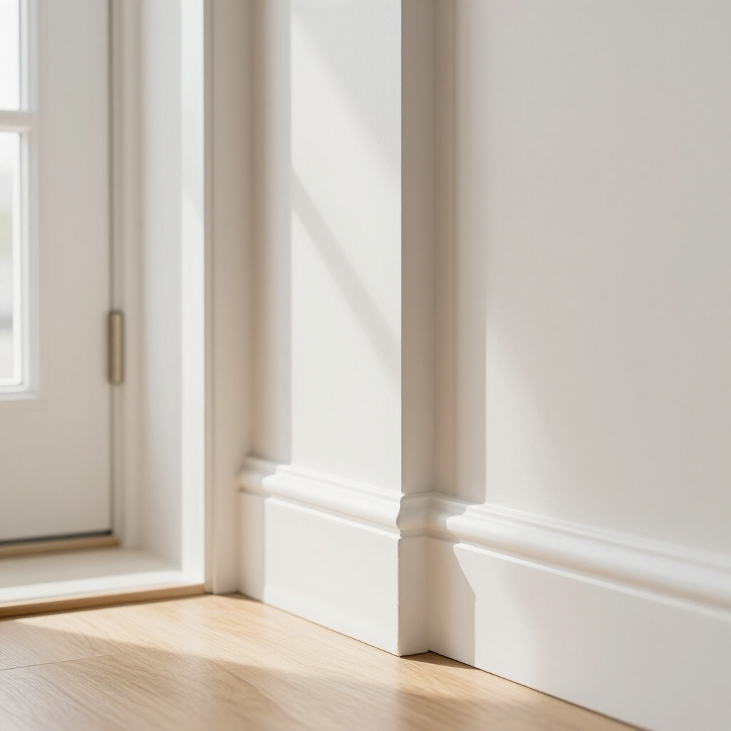 Sunlit entryway with white trim, hardwood floor, and a glass-paneled door
