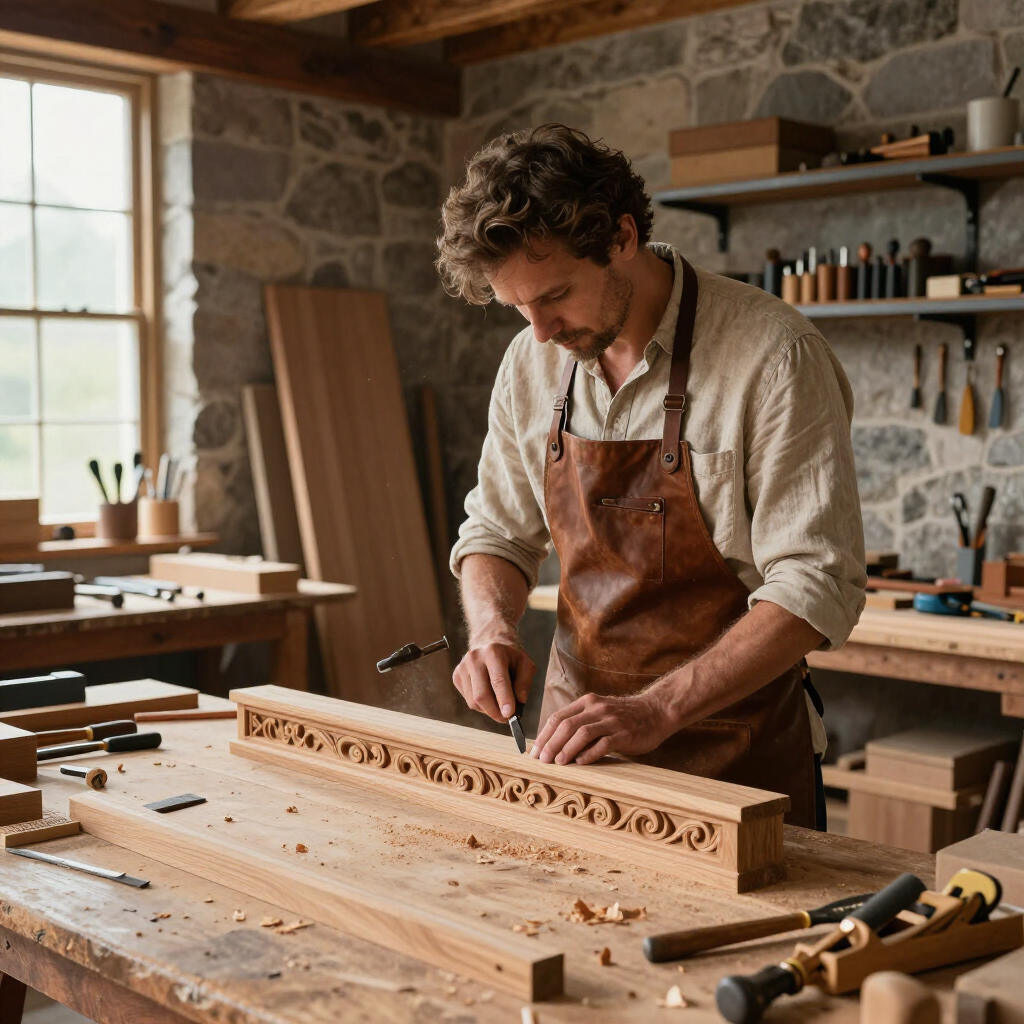 Woodworker carving an ornate wooden board in a sunlit workshop