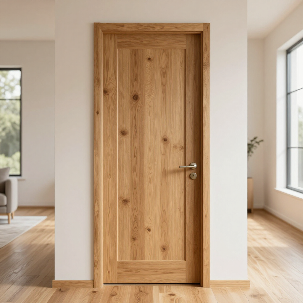 Wooden interior door with silver handle in a bright room with windows and hardwood floors