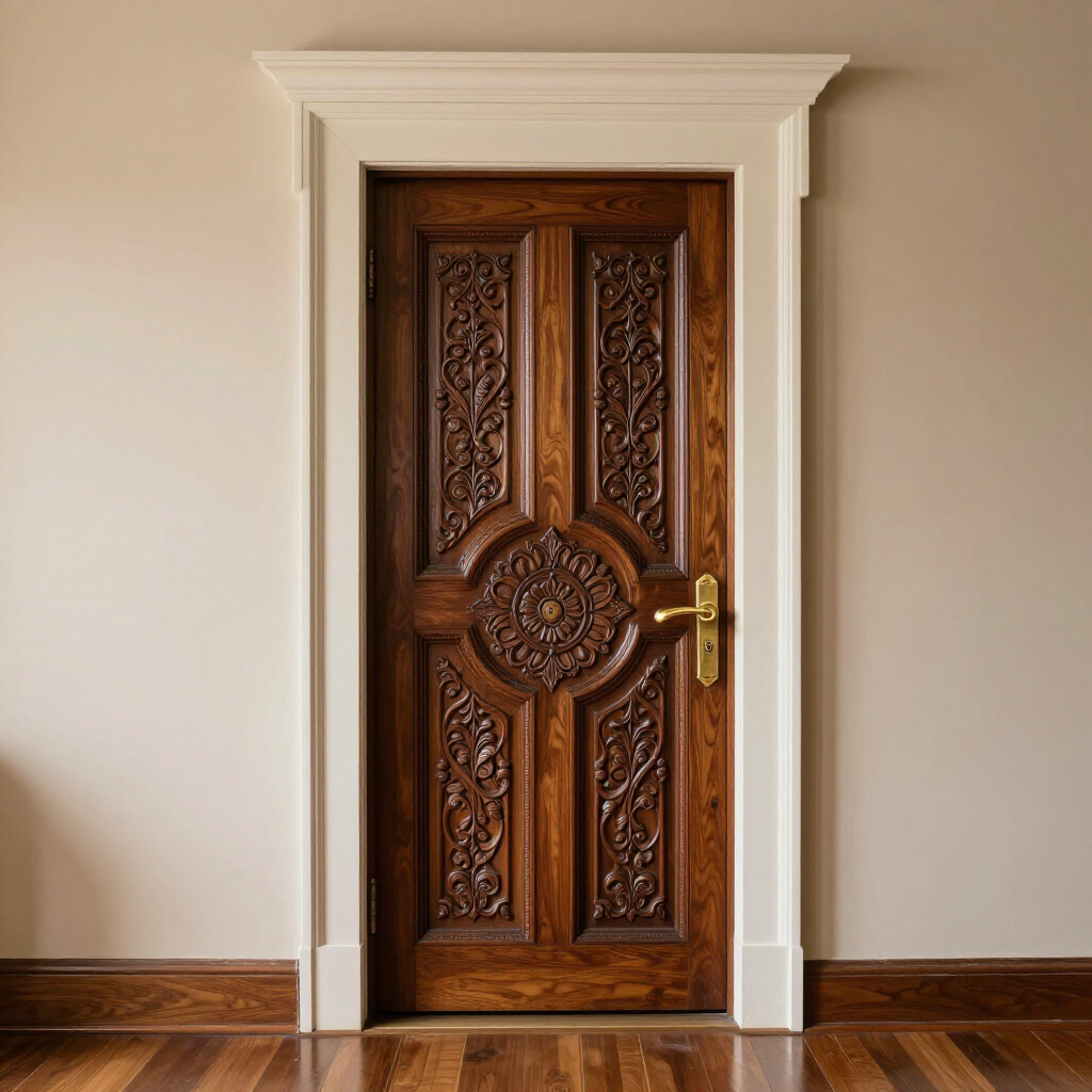 Ornate wooden door with carved panels and brass handle in a cream-colored doorway