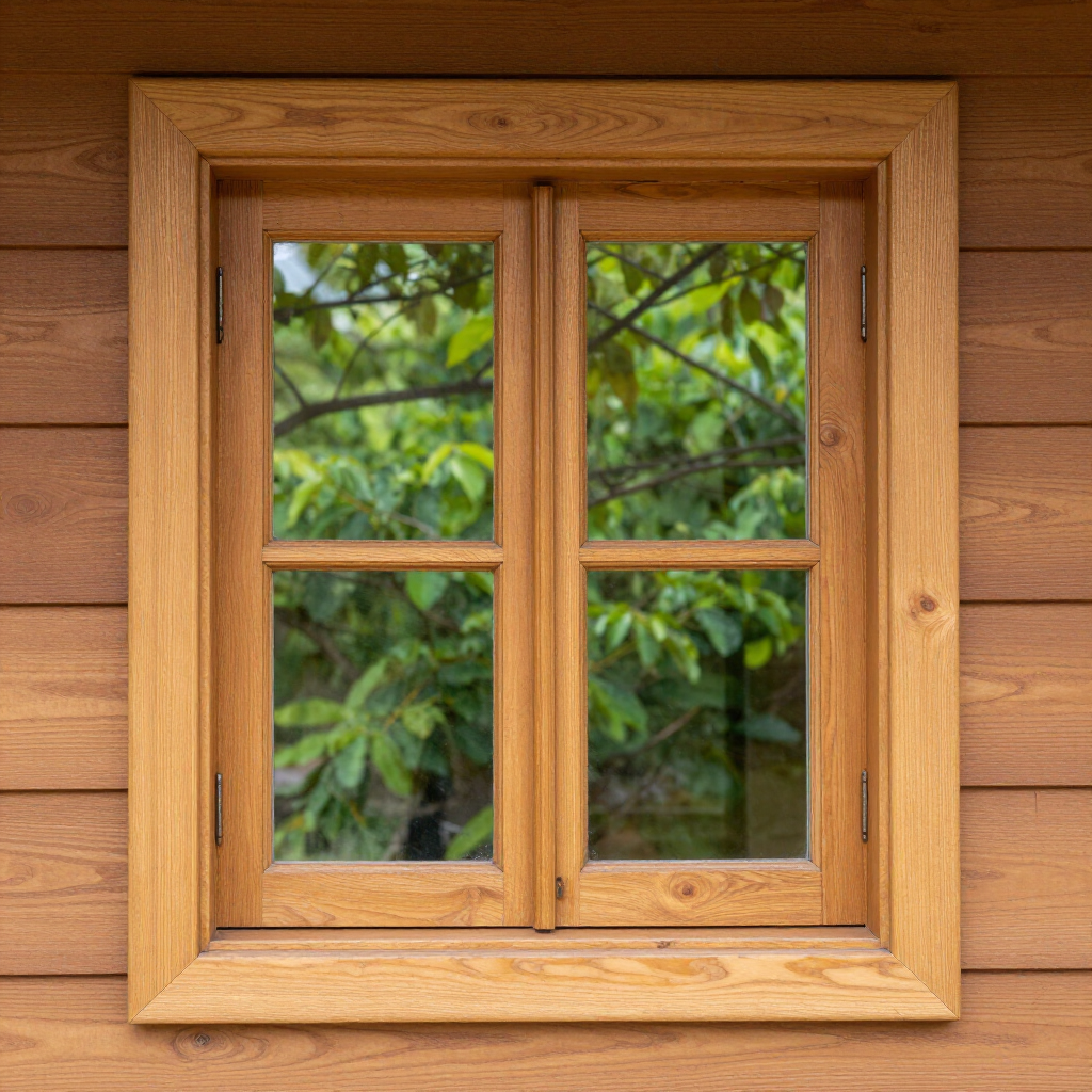 Small wooden window with four panes in a log wall, reflecting green leaves outside.