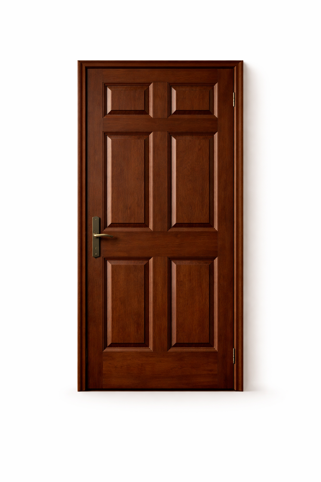 Closed brown wooden front door with paneling and a brass handle